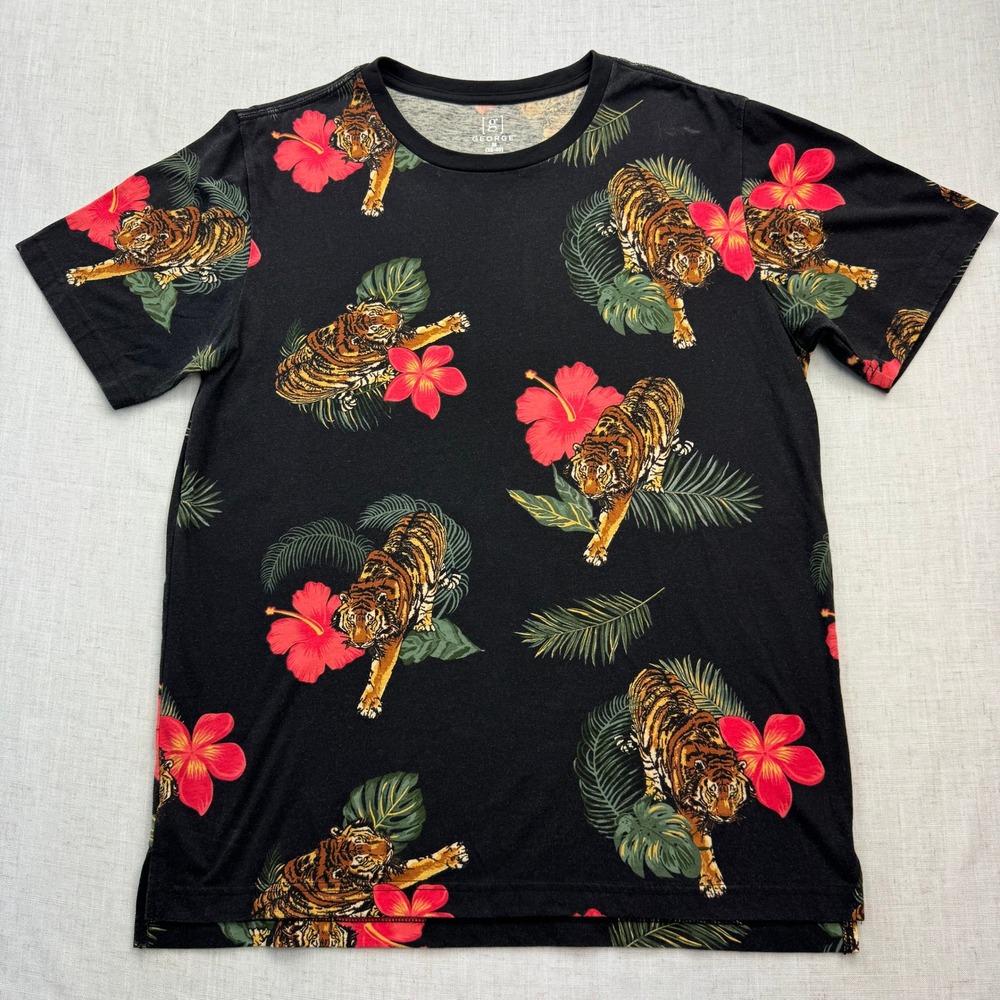 George Tiger Hibiscus Graphic T-Shirt Mens Medium Black Tropical Floral Tee